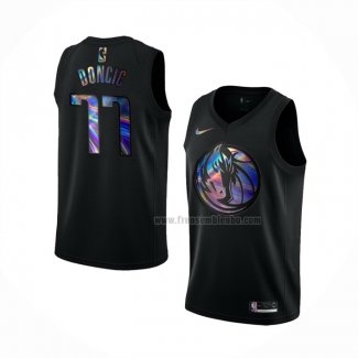 Maillot Dallas Mavericks Luka Doncic NO 77 Iridescent Logo Noir